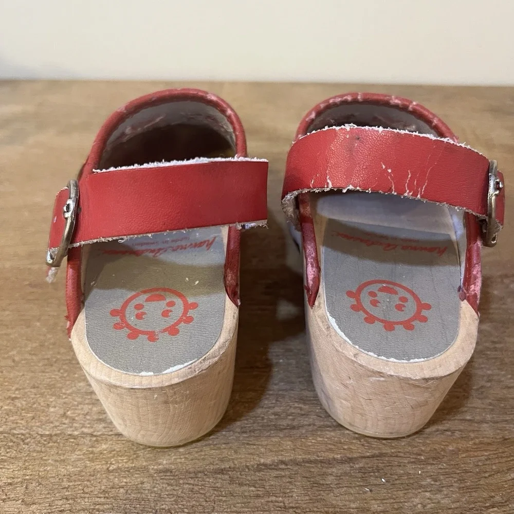 Hanna Andersson Red Floral Leather Wooden Clogs Girls EU 27 Back Strap READ‎